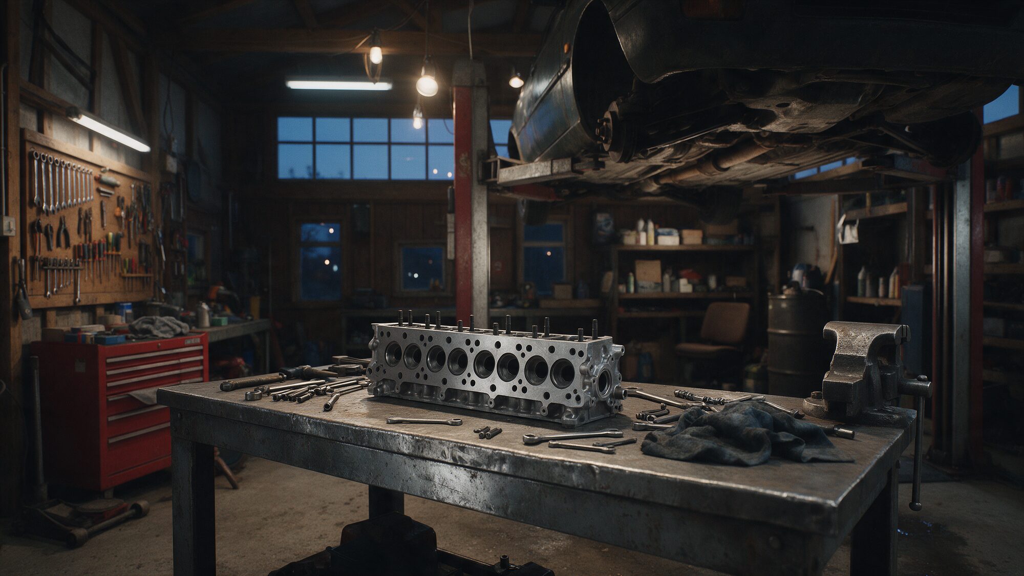 A machined cylinder head on the workbench of a garage workshop